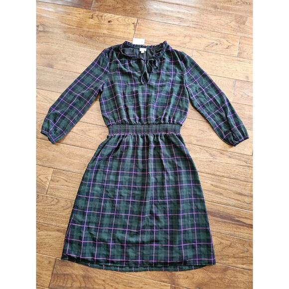 J. Crew Tartan Plaid Dress Ruffle Tie Collar Puff Sleeve Academia Preppy M NWT - Picture 2 of 14